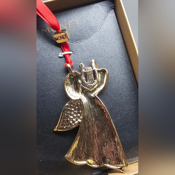 Monet Angel Harp Pendant Christmas Ornament White Enamel Blue Rhinestone New IOB - Picture 5 of 8